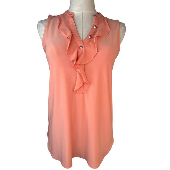 2/$30 White House Black Market XSP Coral Blouse Ruffled V-Neck Rhinestone Button - Picture 8 of 12